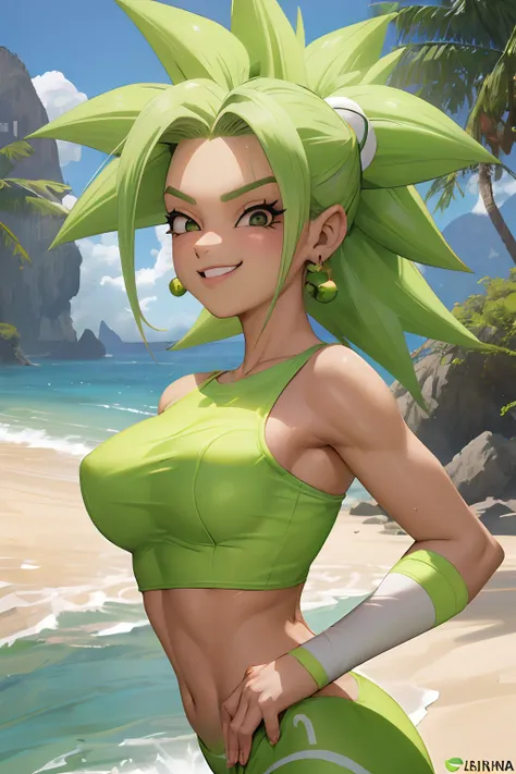 (melhor qualidade, obra-prima), cabelo verde, brincos verdes, yoga pants, yoga bra, pele apertada, tonificado, smug, sorriso, kefla, cintura fina, luz de fundo, naked