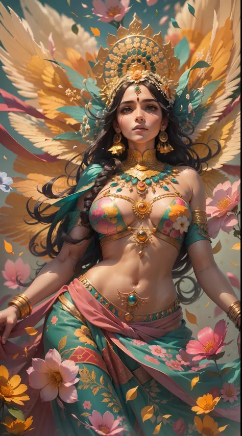 (highly detailed), (illustration), (intricate), (beautiful face), (attractive body), (complete body picture), modern indian goddess, dynamic pose, flying flower petals, colorful, eye-catching, heavenly.