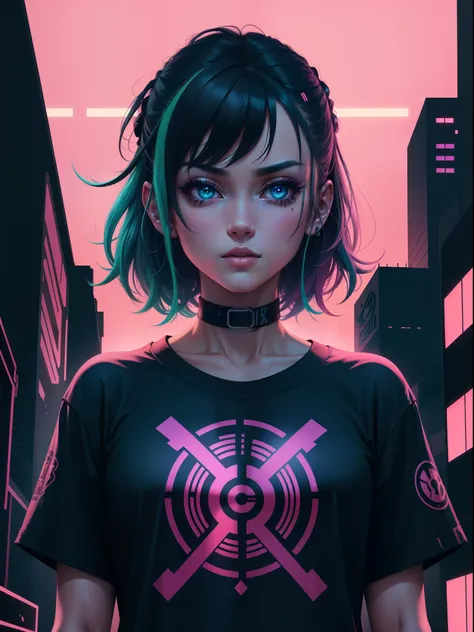 Logotipo da camiseta, design de camiseta, Anime Cyberpunk, garota, 2D, Colouring, cores refletindo, construction light, neon light, single color background