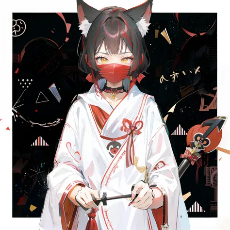 anime character with cat ears and a red sasher holding a knife, nekomimi, with kitsune mask, in anime style, in an anime style, in japanese anime style, ((wearing aristocrat robe)), handsome japanese demon boy, anime catgirl, anime girl with cat ears, anim...