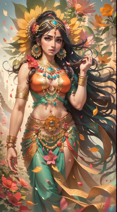 (highly detailed), (illustration), (intricate), (beautiful face), (attractive body), (complete body picture), modern indian goddess, dynamic pose, flying flower petals, colorful, eye-catching, heavenly.