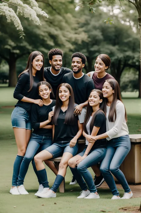 Crie uma foto super realista de cinco jovens, principalmente meninas, 2 de cabelo crespo e 1 de cabelo loiro, in a square with a large tree with thick stems in the background. Some of them are black and others are white, homens e mulheres. They are smiling...