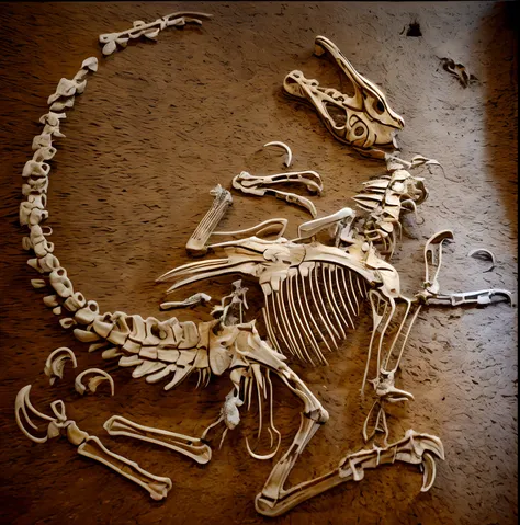 arafed image of a skeleton with a bird on its back, dinosaur bones, dinosaur skeletons, etched relief, on display in a fossil museum, fossil, lithoraph engraving, velociraptor, skeletal with extra fleshy bits, nachosaurus, fossil ornaments, dinosaur wood c...