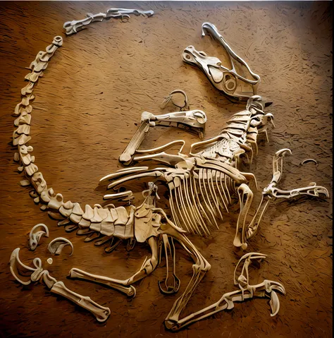 arafed image of a skeleton with a bird on its back, dinosaur bones, dinosaur skeletons, etched relief, on display in a fossil museum, fossil, lithoraph engraving, velociraptor, skeletal with extra fleshy bits, nachosaurus, fossil ornaments, dinosaur wood c...