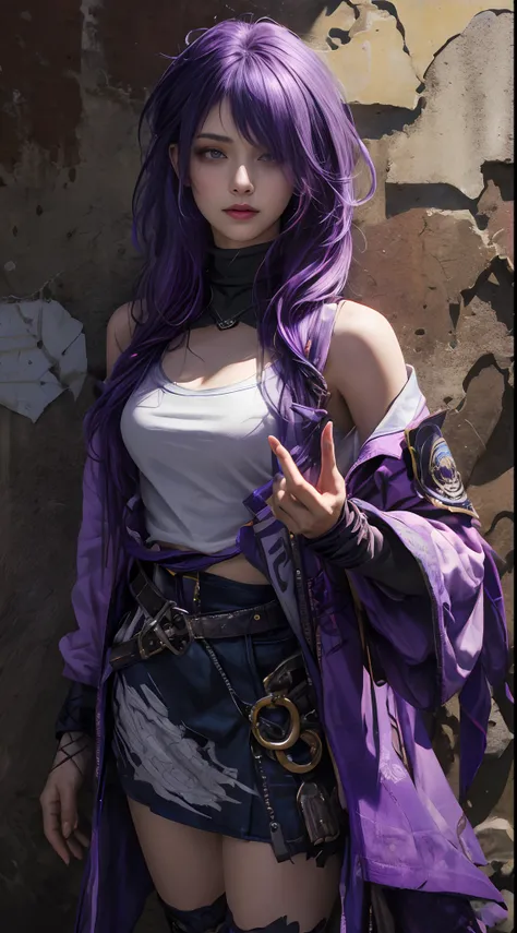 (masterpiece, best quality, 1girl, solo, intricate details, chromatic aberration), realistic, ((medium breath)),long hair, purple hair, purple head ornament, purple highlights, hair over one eye, green eyes, sharp eyes, choker, neon shirt, torn legwear, op...