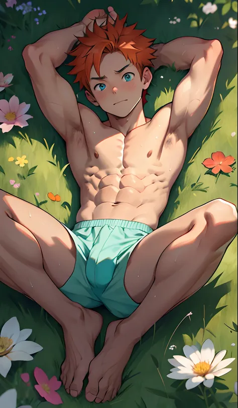 (masutepiece, Best Quality), 1boy，Lewdness，younge boy，child-faced，Boys face，sideface，Lying naked in the grass，Covered in sweat，adolable，infancy，young age，short round face，Flat chin，finely detaild face，Color Brief，well-muscled, short bright orange hair, sky...