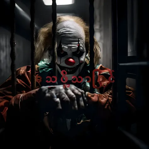 "A terrifying clown trapped in a jail cell, gripping the bars tightly."