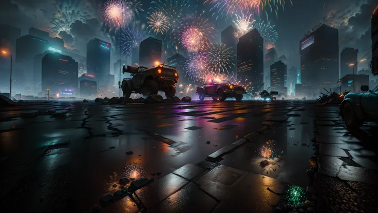 Ancient Battlefield, medium plan, City streets, dim lighting, Very gloomy picture layout, Advanced Footage, Cyberpunk background, ((Ultra realistic asphalt with super detailed textures)), (((Bright fireworks in the sky with glare)), ((( rtx)))