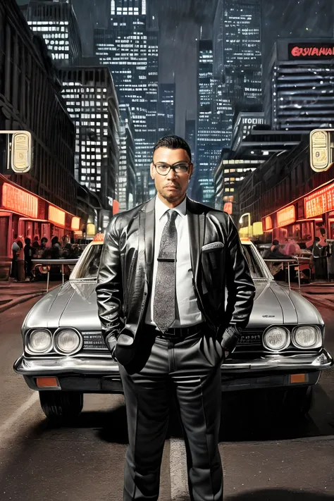 guttonerdvision10, a drawing of a bespectacled man wearing glasses, with a (hyper-detailed face:1.3), wearing social clothing with a tie, posing next to his silver gray sedan car. Street, night, illuminated buildings, hyperrealistic background, background ...