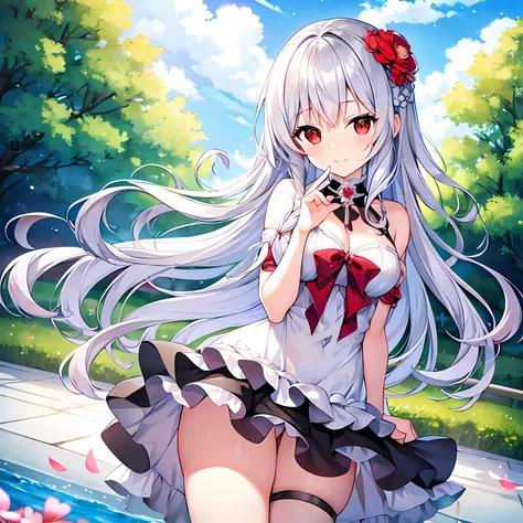 wavy silver hair、red eyes、Beautiful girl alone、独奏、animesque、Have a bouquet、doress、a miniskirt、flower  field、a smile