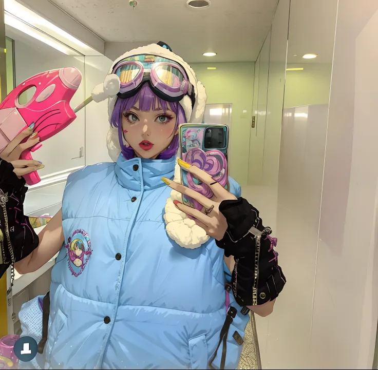 Woman with purple hair and goggles holding a pink object, e-Girl, e - girl, in a space cadet outfit, decora inspired, cosplayer dressed like a crab, kawaii decora rainbowcore, profile photo, nffsw, bulma from dragon ball, roseanne park of blackpink, 8 0 s ...