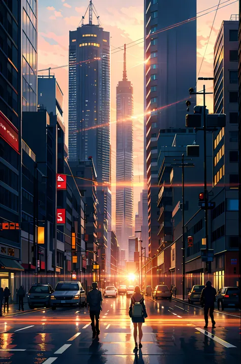 background, Japan, sky, sun, high resolution, best quality, illustration, ultra detail, soft lighting, best quality, misty glow, dreamy atmosphere, ultra detail, masterpiece, passerby, outdoors, evening, skyscraper in background, industry, public transport...