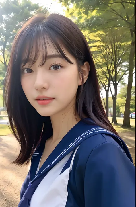 Close up portrait of woman walking in park in sailor suit、Japan Person Model、Young Sensual Gravure Idol、Young cute gravure idol、Realistic Young Gravure Idol、Realistic sensual gravure idol、Young gravure idols、sophisticated gravure idol、奈良美智、Young skinny gra...