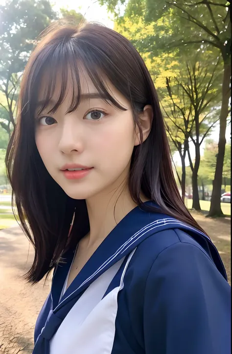 Close up portrait of woman walking in park in sailor suit、Japan Person Model、Young Sensual Gravure Idol、Young cute gravure idol、Realistic Young Gravure Idol、Realistic sensual gravure idol、Young gravure idols、sophisticated gravure idol、奈良美智、Young skinny gra...