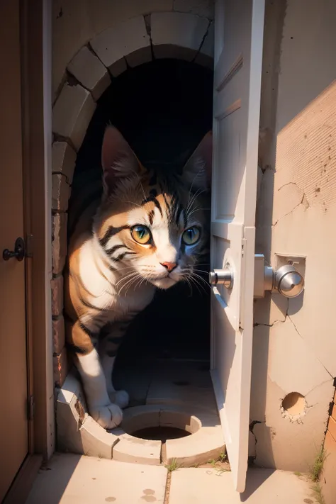 Anamorphic art cat looking through hole in the wall