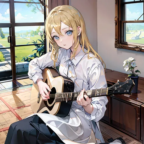 (((Playing guitar)))、独奏、cool expression、sitting on、((Agra))、full body Esbian、(((Bright eyes)))、Beautiful eyes、Fashionable clothes、Fancy Room、Fancy effects、(((​masterpiece)))、Fancy backgrounds、Fancy details、Hayasaka