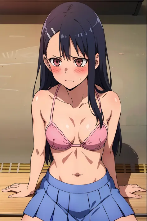 nagatoro hayase, 1girl, standing, slim, small boobs, ((only pink bra, shirtless blue skirt)), (visible pink bra), surprised, ang...