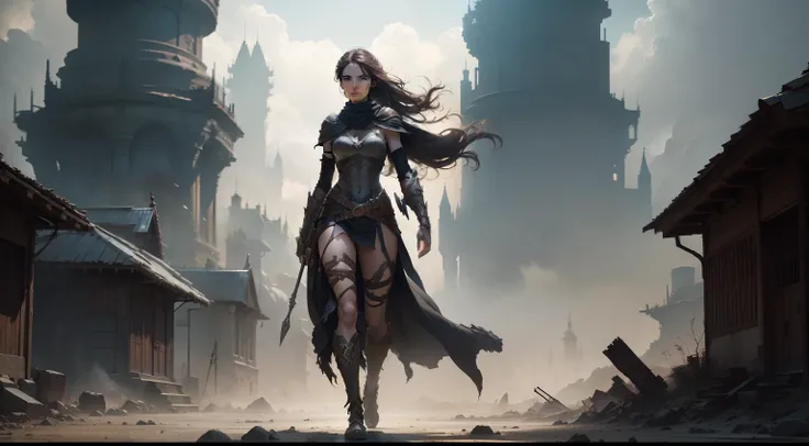 a female dark warrior,  arriving in a desolate village, full body standing, Minimalist, unfinished, concept art, by Brian Froud and Carne Griffiths and Wadim Kashin and John William Waterhouse, intricate detail, 8k post-production, super high resolution, h...