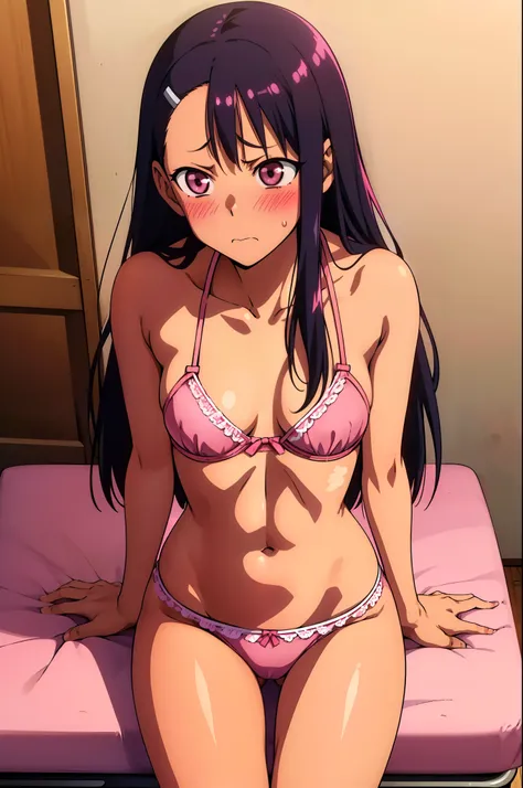 nagatoro hayase, 1girl, standing, slim, small boobs, ((pink bra, shirtless, pink panties)), (visible pink bra, visible pink pant...