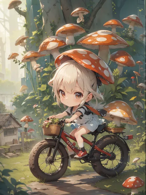 mushroom and cute chibi girl, riding on bike, mushroom on head