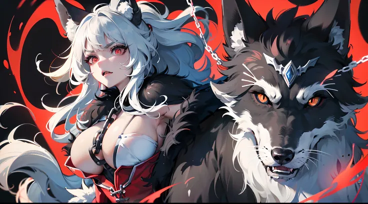 fenrir，(Giant Wolf)，Giant monsters，The wolf that devours the gods，Ogre，Warcraft，Ragnarok，Wolf God，Norse mythology，Ancient Europe，(Dark style，It gives a feeling of oppression)，(Ferocious，brutality)，((((Pitch-black fur))))，Blood-red eyes，frenzied，Very ancien...