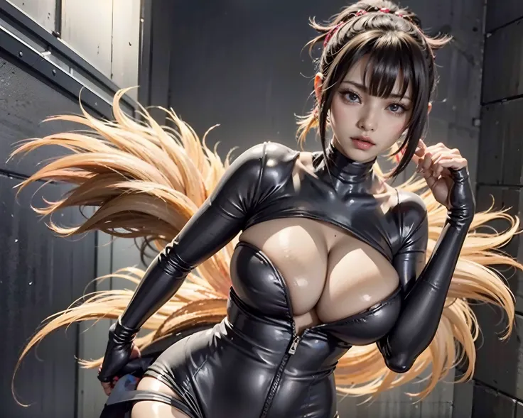 Waifus, Perfect breasts, bodysuit Gantz style black hair with bangs geisha make-up shiny breasts fully exposed aroused