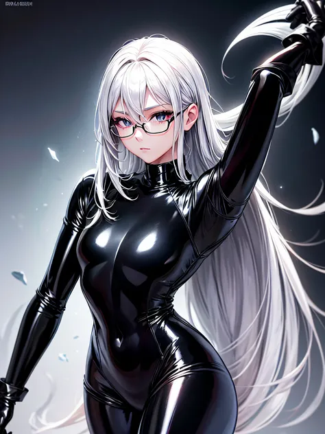 5 8K UHD、Beauty with silver hair and small nose in black shiny black full-body rider suit with glasses lying with legs spread、Wearing a shiny black latex slider suit with hidden skin、Shiny black latex slider suit、Small-nosed beauty looking down expressionl...