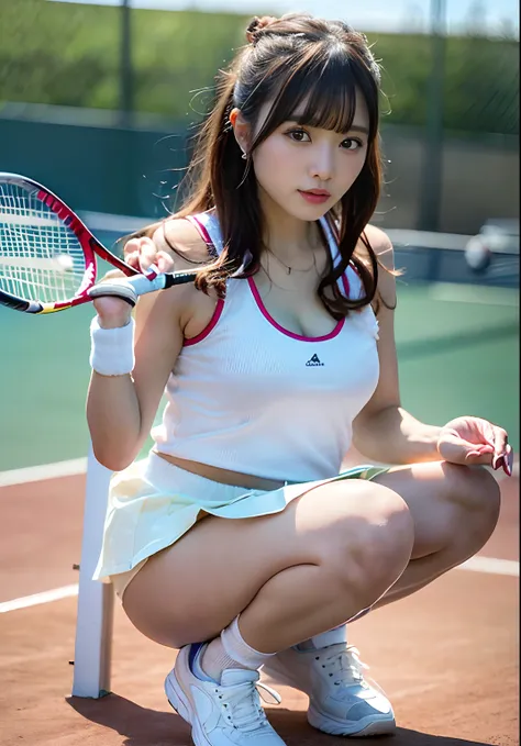 hight resolution, top-quality, ​masterpiece, ultra-quality, The ultra-detailliert, A hyper-realistic,, 独奏, ((Beautiful woman in short skirt on tennis court))、Squatting and touching hair、Looking at the camera、(((Background blur)))、White sneakers、Bare legged...