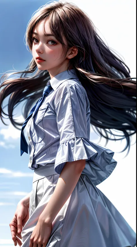 (1girl), solo, long_hair, wearing(whiteshirt), photo(close-up-shot), front-portrait, pov, blurry_background, background(sky-horizon, space, galaxy, star), (photorealistic, absurdres, best_quality:1.55),