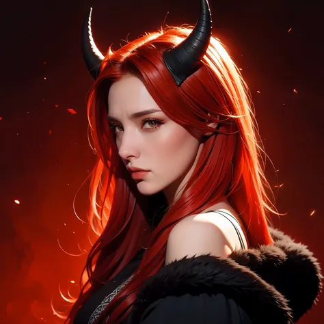 Dragon woman, black horns, red hair, medieval background, orange eyes, horns