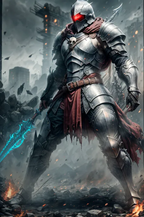 (spearman), ((armed with spear and shield)), spear, shield, long pike, full body, action pose, plate armor, standing on top of the skull pile, torn red cloak, wearing mace on the belt, low angle shot, burning hell background, gray overcast sky with a red t...