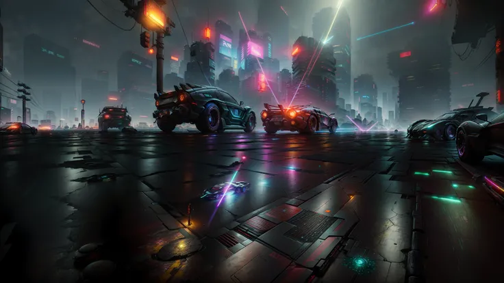 Ancient Battlefield, medium plan, City streets, dim lighting, Very gloomy picture layout, Extended Frames, Cyberpunk background, ((Ultra realistic asphalt with super detailed textures)), (((Color lasers and spotlights))), (((Japanese-style cyberpunk cars a...