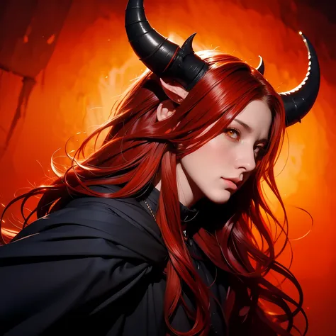 Dragon woman, black horns, red hair, medieval background, orange eyes, pair of black horns