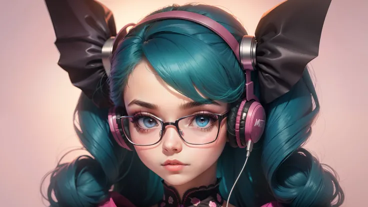 Girl with glasses, headset e roupa rosa mexendo no computador. Estilo Monster High