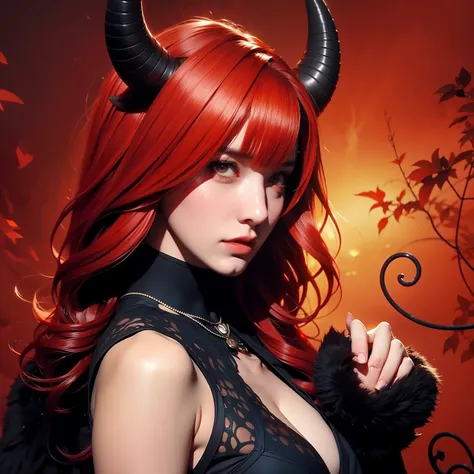 Dragon woman, black horns, red hair, medieval background, orange eyes, pair of black horns, one woman