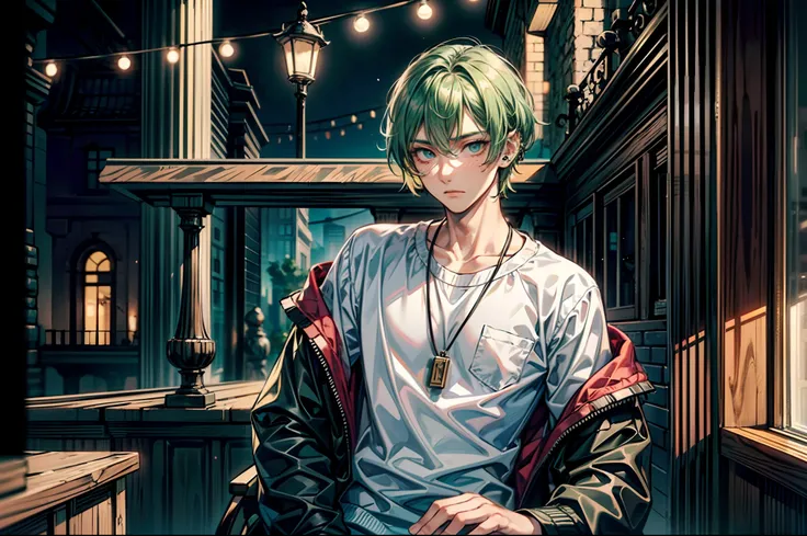 ((masutepiece: 1.4, Best Quality)), ((masutepiece, Best Quality)), Short green hair and big eyes, 19-year-old young man, Delicate hair, real  face, Suit, guns,Put the muzzle to the temple,Lots of piercings, Dark atmosphere