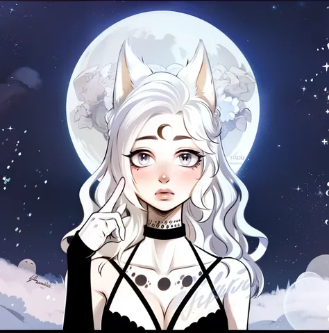 (Anthropomorphic wolf cute cub) orelhas de lobo,com jaqueta preta, olhos rosa e branco , heterocromia nos olhos ,cabelo platinado cacheados com pontas roxas,bad girl, Moon birthmark on forehead 🌕🌙, Hibrido,jovem, retrato, busto, postura de frente para a ca...