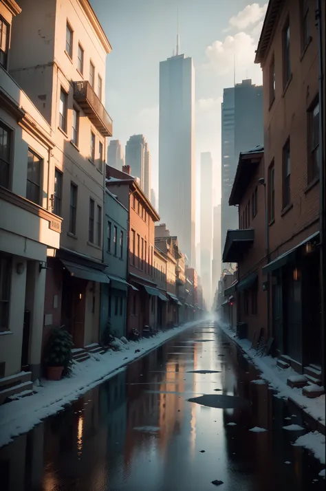 Create a mesmerizing scene of a city street lined with towering skyscrapers, rendered as a stunning matte painting that captures the intricate details of each buildings architecture. Let the inspiration of Simon Stålenhags work infuse the composition, evok...