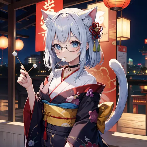 1 garota, cabelo branco longo, olho azul brilhante, Japanese New Year Festival, noite, robotic left arm, looking at viewer, cat ears, kimono azul dourado, corpo inteiro, loli, peitos pequenos, eyeglass, cyber gigant tail, bone choker light blue, high resol...