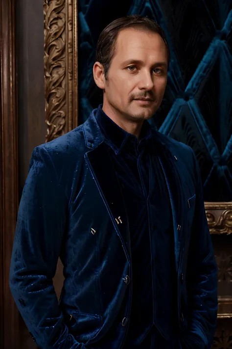 Portrait photo of a handsom man, (((45 years old:1.5))), short brown hair, (((bleu velvet suit:1.3))), ((black shirt:1.4)), (((no beard:1.3))), Dark blue backgroud.