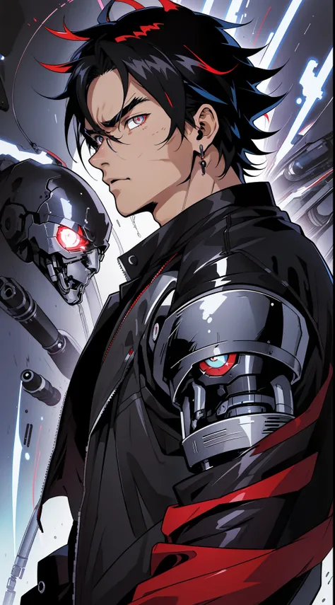 (anime) . Male ((((Terminator)))), black hair, deep red eyes . (Masterpiece: 1.8), (64k quality), (final fantasy artwork concept), detailed (manga eyes + hair + clothes + body + face + colors + shoulders + eyes (globular + transparent + liquid) + (sharper ...