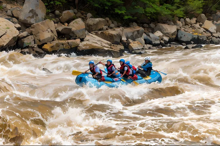 digital ilustration, alto detalle, colores vivos, altos brillos y contrastes, of several people rafting down the river on a raft, Whitewater rapids, River rapids, aguas bravas, catarata, Massif River, mirada intensa, intenso, rio detallado, rio color azul ...