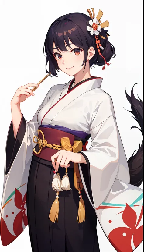 1girl in、A smile、A delightful!　Taisho period in Japan、White color kimono、Hakama、（small tits）