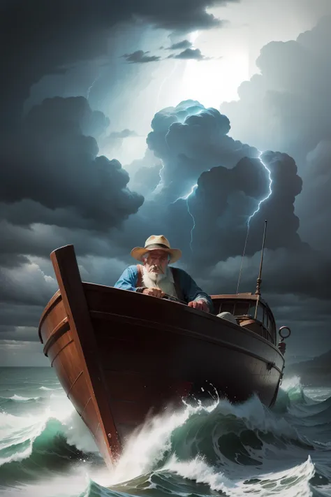 an old man driving a boat thru a storm