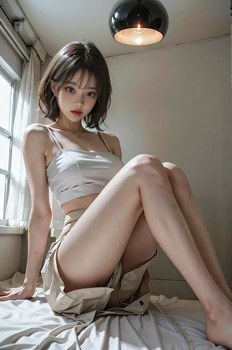 Top image quality、Raw photography、超A high resolution、Cute girl at 18 years old、Shooting for one person only、big round chest、Black camisole、Beautiful Eyes of Details、very elongated eyes、Beautiful eyelashes、Beautiful double eyelids、White Wall Room、White ceil...