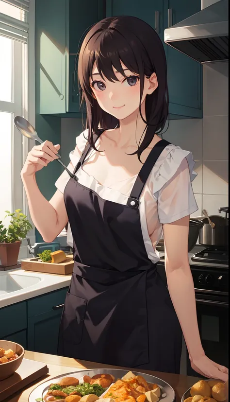 1girl in、A smile、Cooking in your room、barechested、Wearing only an apron、（（small tits））、