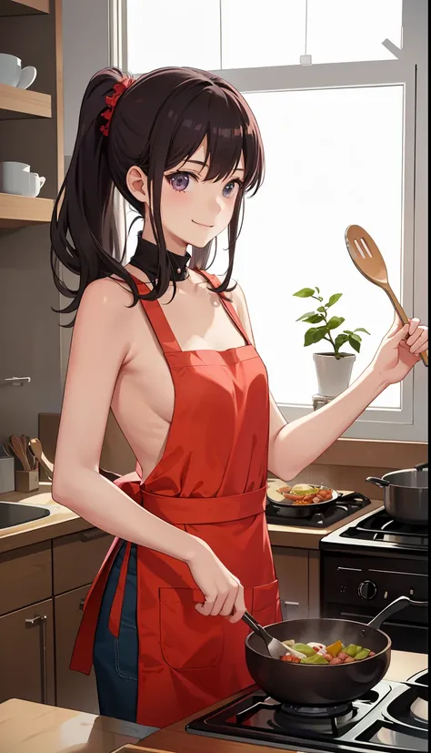 1girl in、A smile、Cooking in your room、barechested、Wearing only an apron、（（small tits））、