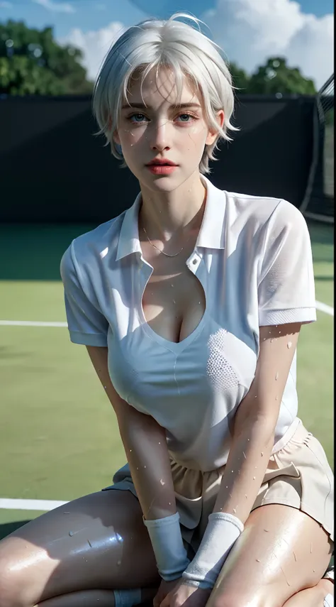 1girl, solo, white polo shirt, white sneakers, tennis wear, white miniskirt, masterpiece, best quality, realistic, hyper-detailed, (shiny skin, sweaty:1.4), absurd, looking at viewer, (realistic white hair), short white hair, purple eyes, slender, dynamic ...