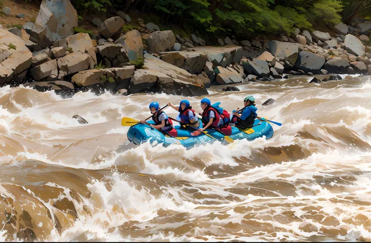 digital ilustration, Alto detalle, colores vivos, altos brillos y contrastes, of several people rafting down the river on a raft, Whitewater rapids, River rapids, aguas bravas, catarata, Massif River, mirada intensa, intenso, rio detallado, rio color azul ...