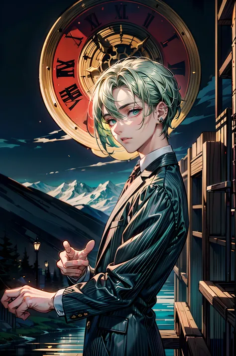 ((masutepiece: 1.4, Best Quality)), ((masutepiece, Best Quality)), Short green hair and big eyes, 19-year-old young man, Delicate hair, real  face, Suit, guns,(Point your muzzle at your own valley:1.2),Lots of piercings, Dark atmosphere